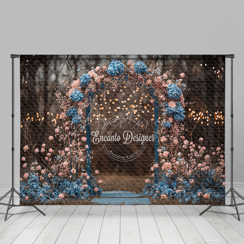 Aperturee - Aperturee Moody Floral Arch Photography Backdrop with Bokeh Lights Pink and Blue Flowers Romantic Wedding Photo Background