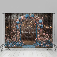 Aperturee - Aperturee Moody Floral Arch Photography Backdrop with Bokeh Lights Pink and Blue Flowers Romantic Wedding Photo Background