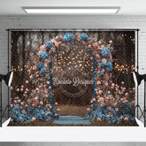Aperturee - Aperturee Moody Floral Arch Photography Backdrop with Bokeh Lights Pink and Blue Flowers Romantic Wedding Photo Background