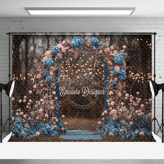 Aperturee - Aperturee Moody Floral Arch Photography Backdrop with Bokeh Lights Pink and Blue Flowers Romantic Wedding Photo Background