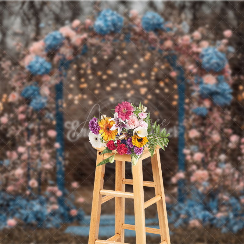 Aperturee - Aperturee Moody Floral Arch Photography Backdrop with Bokeh Lights Pink and Blue Flowers Romantic Wedding Photo Background