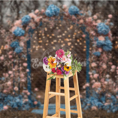 Aperturee - Aperturee Moody Floral Arch Photography Backdrop with Bokeh Lights Pink and Blue Flowers Romantic Wedding Photo Background