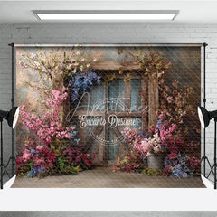 Aperturee - Aperturee Moody Floral Door Photography Backdrop Rustic Wood Door with Spring Flowers Fine Art Painterly Background