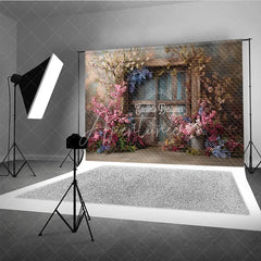 Aperturee - Aperturee Moody Floral Door Photography Backdrop Rustic Wood Door with Spring Flowers Fine Art Painterly Background