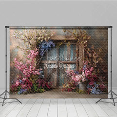 Aperturee - Aperturee Moody Floral Door Photography Backdrop Rustic Wood Door with Spring Flowers Fine Art Painterly Background