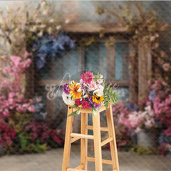 Aperturee - Aperturee Moody Floral Door Photography Backdrop Rustic Wood Door with Spring Flowers Fine Art Painterly Background