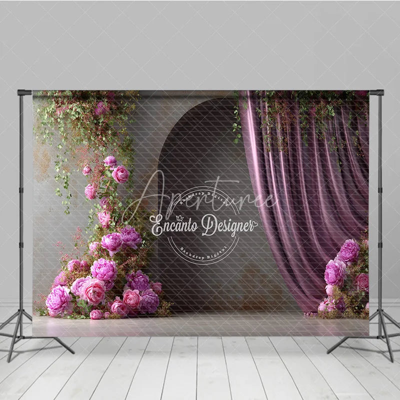 Aperturee - Aperturee Moody Pink Peony Photography Backdrop Climbing Flowers with Arch and Curtain Elegant Wedding Photo Background