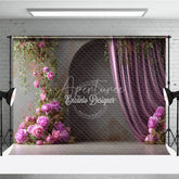Aperturee - Aperturee Moody Pink Peony Photography Backdrop Climbing Flowers with Arch and Curtain Elegant Wedding Photo Background