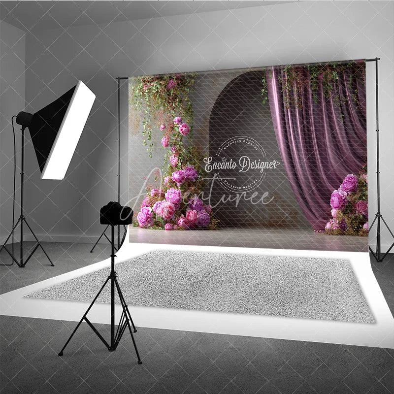 Aperturee - Aperturee Moody Pink Peony Photography Backdrop Climbing Flowers with Arch and Curtain Elegant Wedding Photo Background