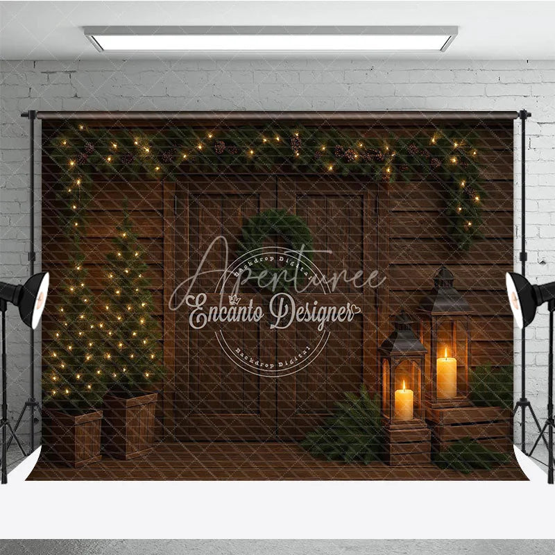Aperturee - Aperturee Moody Rustic Christmas Door Photography Backdrop Dark Wood with Lanterns Simple Holiday Photo Background