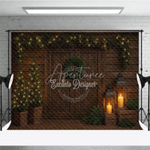 Aperturee - Aperturee Moody Rustic Christmas Door Photography Backdrop Dark Wood with Lanterns Simple Holiday Photo Background