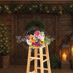 Aperturee - Aperturee Moody Rustic Christmas Door Photography Backdrop Dark Wood with Lanterns Simple Holiday Photo Background