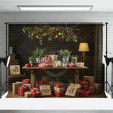 Aperturee - Aperturee Moody Rustic Christmas Photography Backdrop Dark Wood Room with Presents Natural Holiday Mini Session Background