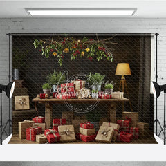Aperturee - Aperturee Moody Rustic Christmas Photography Backdrop Dark Wood Room with Presents Natural Holiday Mini Session Background