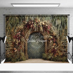 Aperturee - Aperturee Moody Rustic Wood Arch Backdrop Dried Floral Winter Forest Photography Background