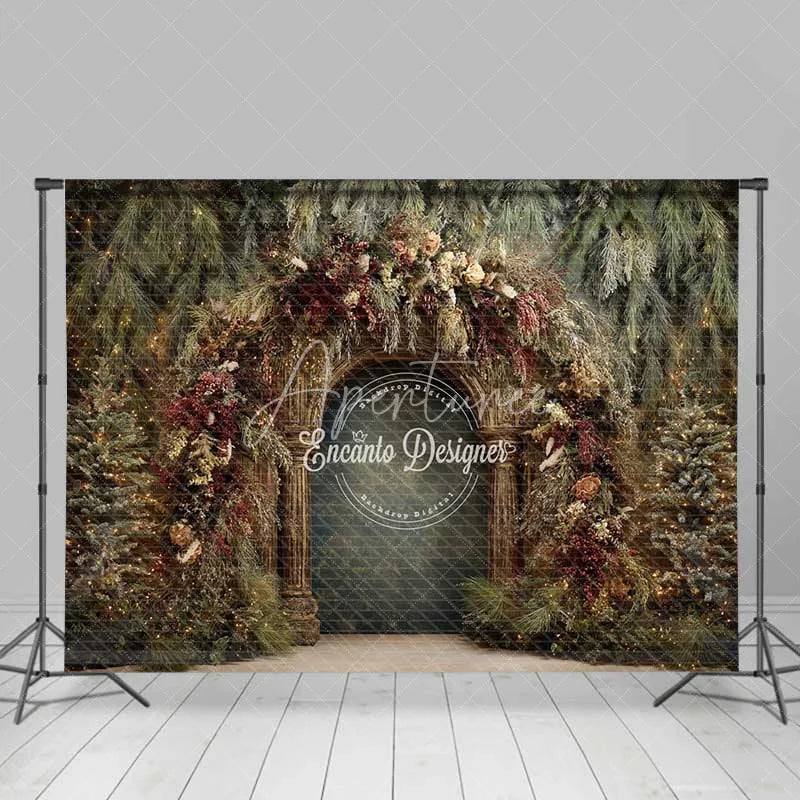 Aperturee - Aperturee Moody Rustic Wood Arch Backdrop Dried Floral Winter Forest Photography Background
