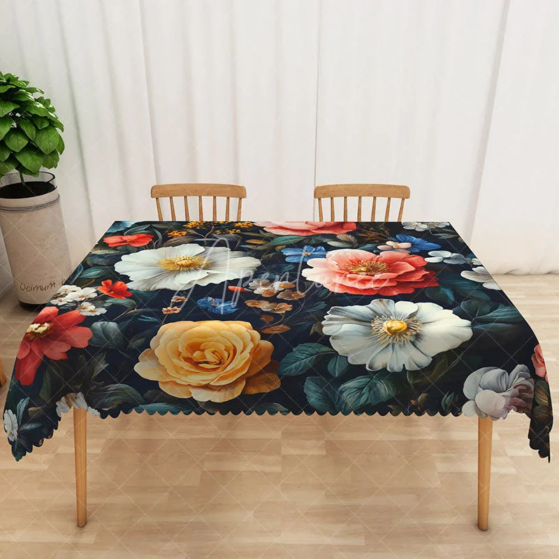 Aperturee - Aperturee Moody White Magnolia Rectangle Tablecloth Dramatic Red Floral Dark Table Cover Elegant Wedding Party Decor