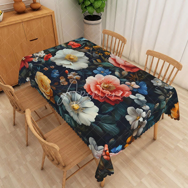 Aperturee - Aperturee Moody White Magnolia Rectangle Tablecloth Dramatic Red Floral Dark Table Cover Elegant Wedding Party Decor