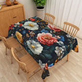 Aperturee - Aperturee Moody White Magnolia Rectangle Tablecloth Dramatic Red Floral Dark Table Cover Elegant Wedding Party Decor