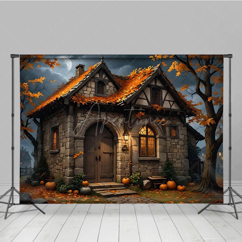 Aperturee - Aperturee Moon Night Stone House Pumpkin Autumn Photo Backdrop
