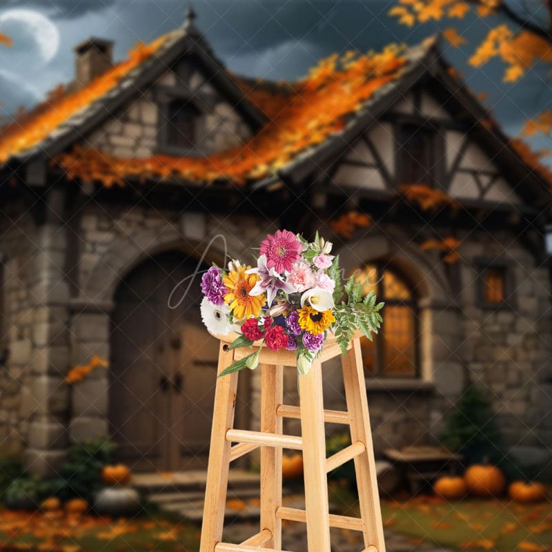 Aperturee - Aperturee Moon Night Stone House Pumpkin Autumn Photo Backdrop
