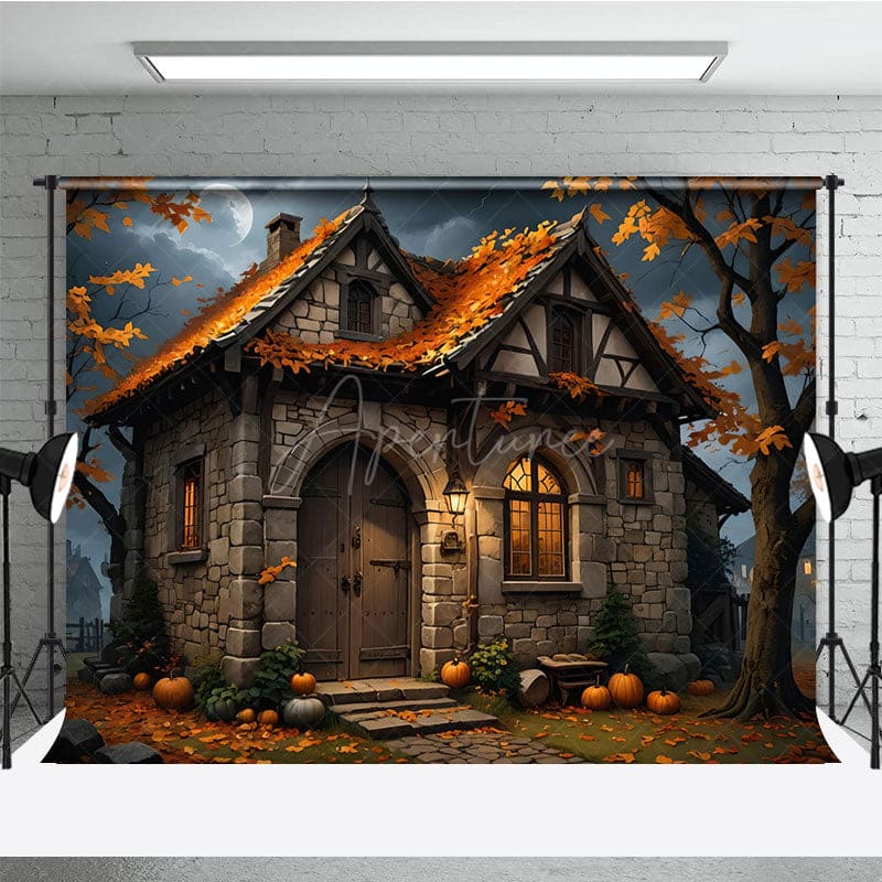 Aperturee - Aperturee Moon Night Stone House Pumpkin Autumn Photo Backdrop