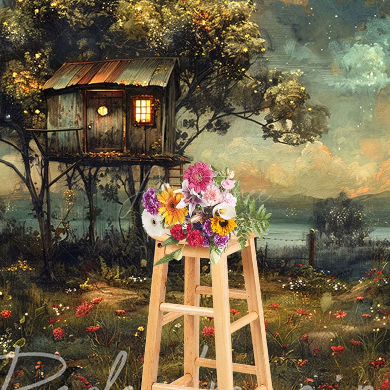Aperturee - Aperturee Moon Starry Sky Tree House Grassland Summer Backdrop