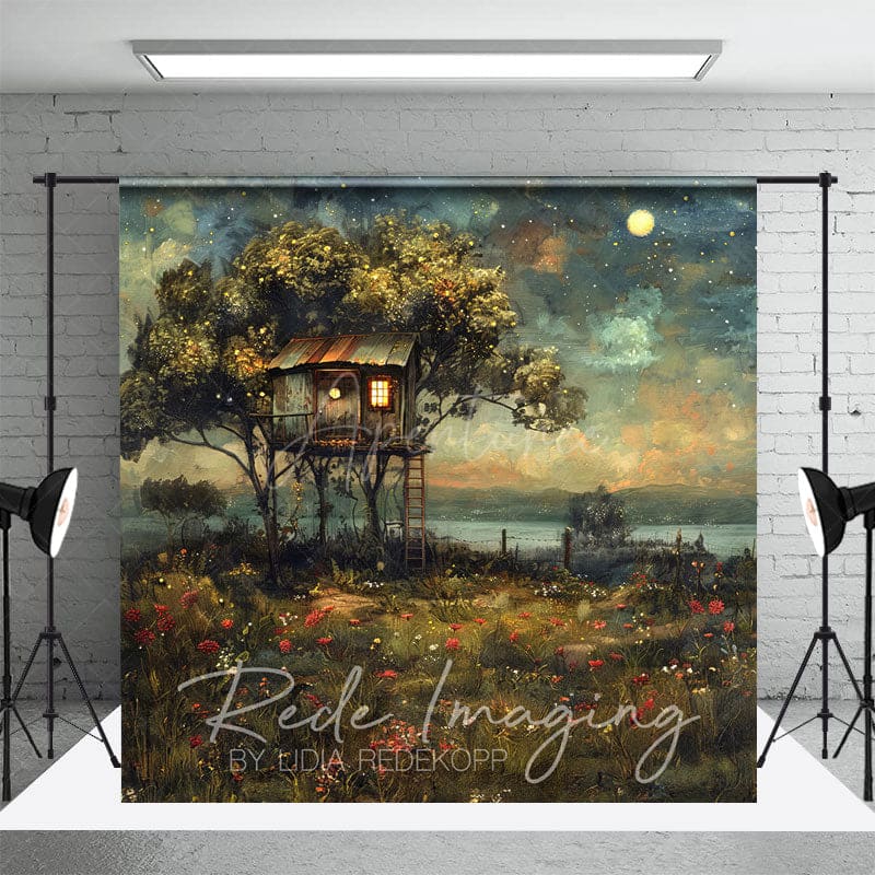Aperturee - Aperturee Moon Starry Sky Tree House Grassland Summer Backdrop