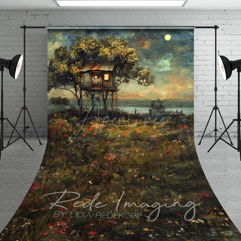 Aperturee - Aperturee Moon Starry Sky Tree House Grassland Sweep Backdrop