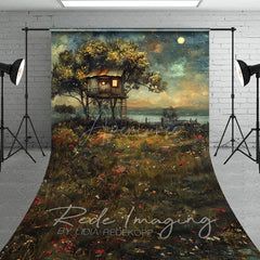 Aperturee - Aperturee Moon Starry Sky Tree House Grassland Sweep Backdrop