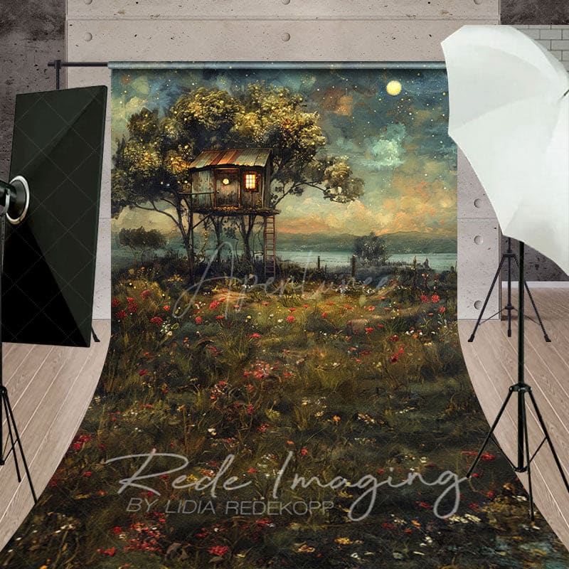Aperturee - Aperturee Moon Starry Sky Tree House Grassland Sweep Backdrop