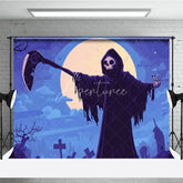 Aperturee - Aperturee Moonlit Graveyard Grim Reaper Holiday Backdrop with Scythe Spooky Halloween Party Decor