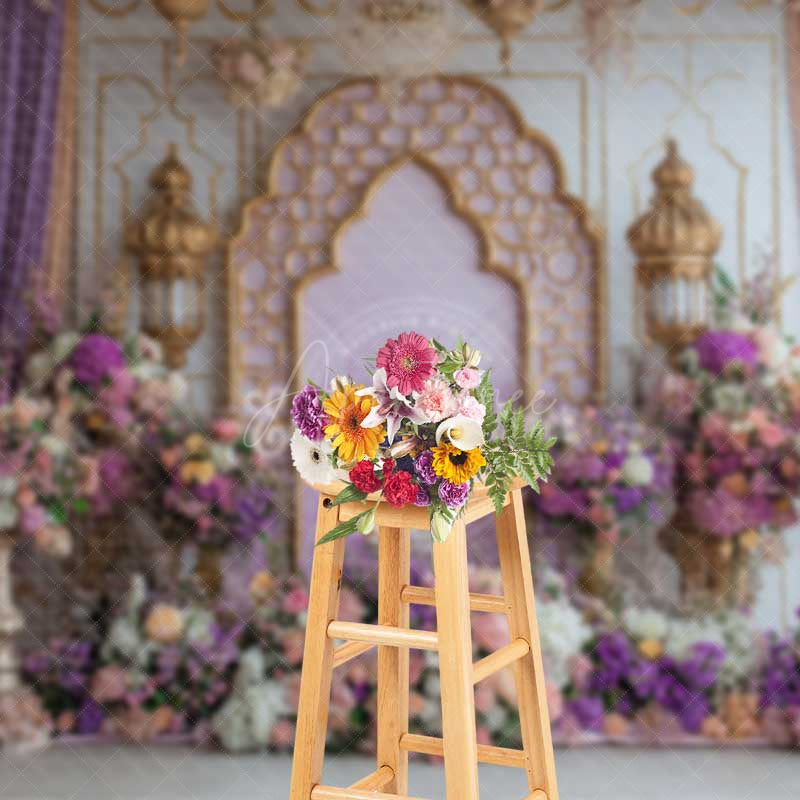 Aperturee Aperturee Moroccan Themed Photography Backdrop Purple and Gold Arch with Lanterns Arabian Nights Wedding or Event Photo Prop