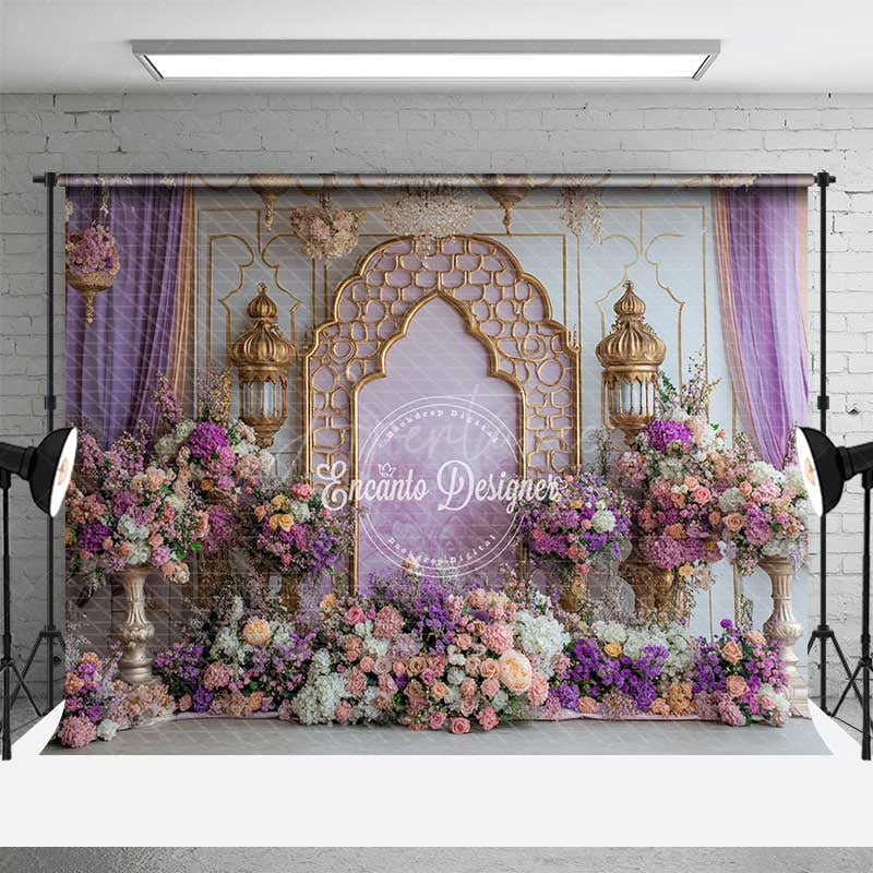 Aperturee Aperturee Moroccan Themed Photography Backdrop Purple and Gold Arch with Lanterns Arabian Nights Wedding or Event Photo Prop