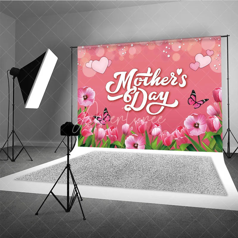 Aperturee - Aperturee Mother’s Day Backdrop Pink Tulips and Butterflies Soft Bokeh Floral Photography Background
