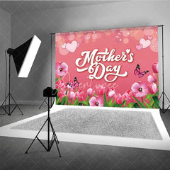 Aperturee - Aperturee Mother’s Day Backdrop Pink Tulips and Butterflies Soft Bokeh Floral Photography Background