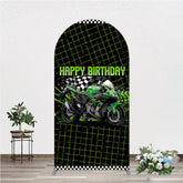 Aperturee Aperturee Motorcycle Happy Birthday Arch Backdrop Green Racing Superbike and Checkered Flag Boys Biker Themed Party Decor