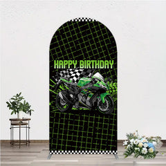 Aperturee Aperturee Motorcycle Happy Birthday Arch Backdrop Green Racing Superbike and Checkered Flag Boys Biker Themed Party Decor