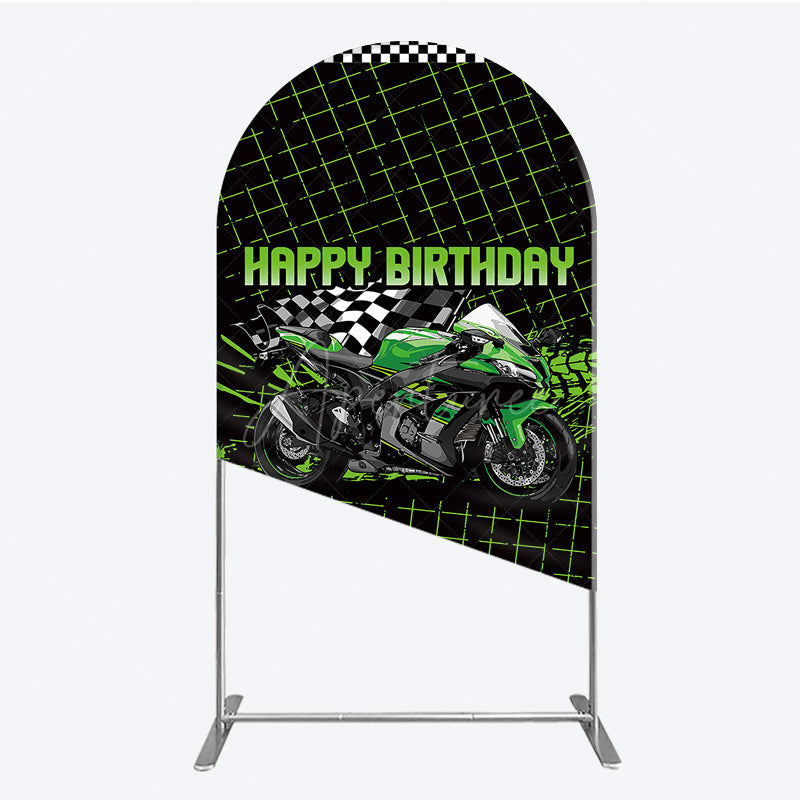 Aperturee Aperturee Motorcycle Happy Birthday Arch Backdrop Green Racing Superbike and Checkered Flag Boys Biker Themed Party Decor