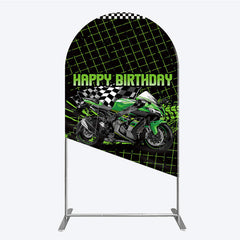 Aperturee Aperturee Motorcycle Happy Birthday Arch Backdrop Green Racing Superbike and Checkered Flag Boys Biker Themed Party Decor