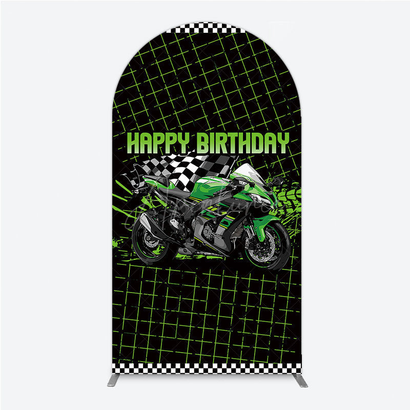 Aperturee Aperturee Motorcycle Happy Birthday Arch Backdrop Green Racing Superbike and Checkered Flag Boys Biker Themed Party Decor