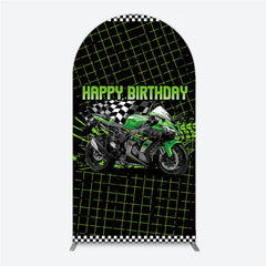 Aperturee Aperturee Motorcycle Happy Birthday Arch Backdrop Green Racing Superbike and Checkered Flag Boys Biker Themed Party Decor