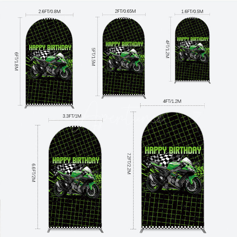 Aperturee Aperturee Motorcycle Happy Birthday Arch Backdrop Green Racing Superbike and Checkered Flag Boys Biker Themed Party Decor