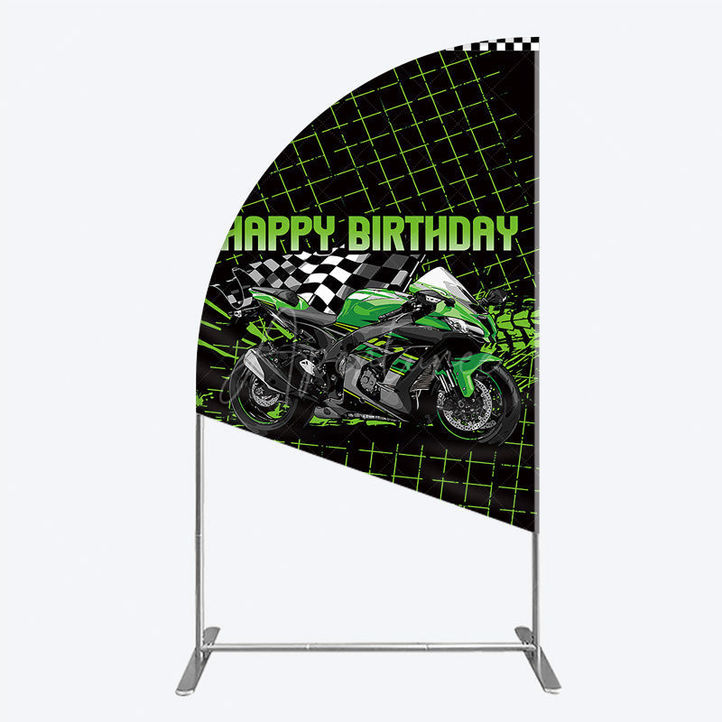 Aperturee Aperturee Motorcycle Happy Birthday Half Moon Arch Backdrop Green Racing Superbike and Checkered Flag Boys Biker Themed Party