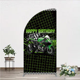 Aperturee Aperturee Motorcycle Happy Birthday Half Moon Arch Backdrop Green Racing Superbike and Checkered Flag Boys Biker Themed Party