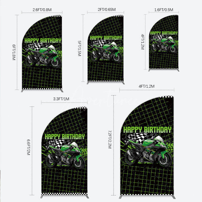 Aperturee Aperturee Motorcycle Happy Birthday Half Moon Arch Backdrop Green Racing Superbike and Checkered Flag Boys Biker Themed Party