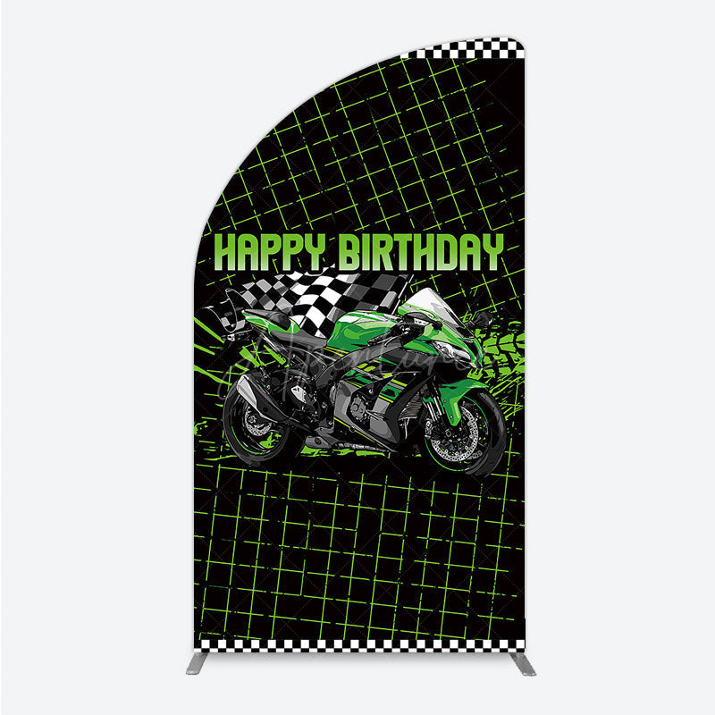 Aperturee Aperturee Motorcycle Happy Birthday Half Moon Arch Backdrop Green Racing Superbike and Checkered Flag Boys Biker Themed Party