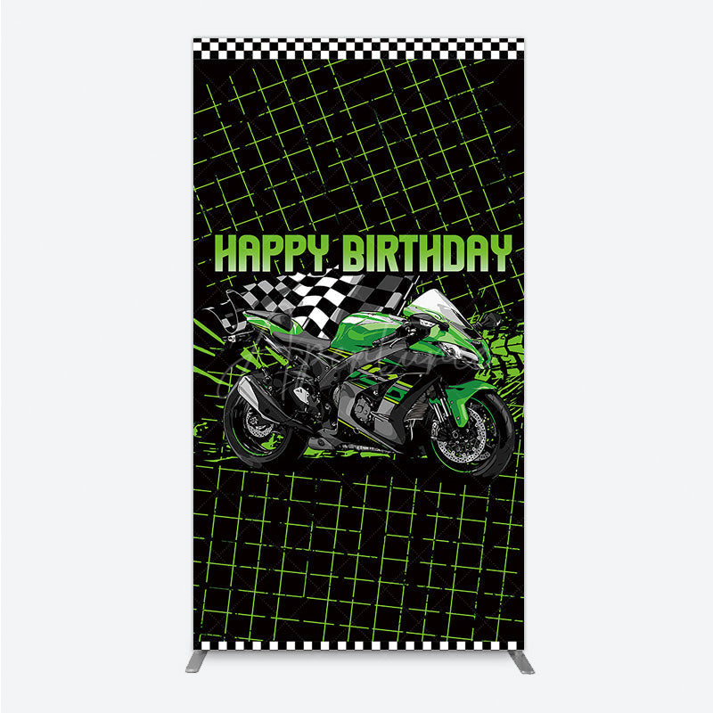 Aperturee Aperturee Motorcycle Happy Birthday Rectangle Backdrop Green Racing Superbike and Checkered Flag Boys Biker Themed Party Decor