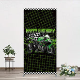 Aperturee Aperturee Motorcycle Happy Birthday Rectangle Backdrop Green Racing Superbike and Checkered Flag Boys Biker Themed Party Decor
