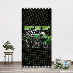 Aperturee Aperturee Motorcycle Happy Birthday Rectangle Backdrop Green Racing Superbike and Checkered Flag Boys Biker Themed Party Decor